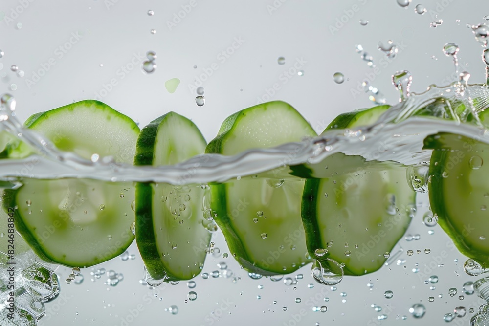 Poster fresh cucumber slices floating in clear water. suitable for healthy lifestyle concepts