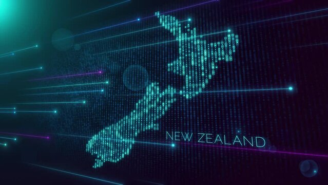 Abstract Futuristic Motion View Blue Violet Shiny Perspective Square Hud Particles Mosaic Grid And Text Of New Zealand Region Map With Dotted Lines Light Flare, Seamless Loop