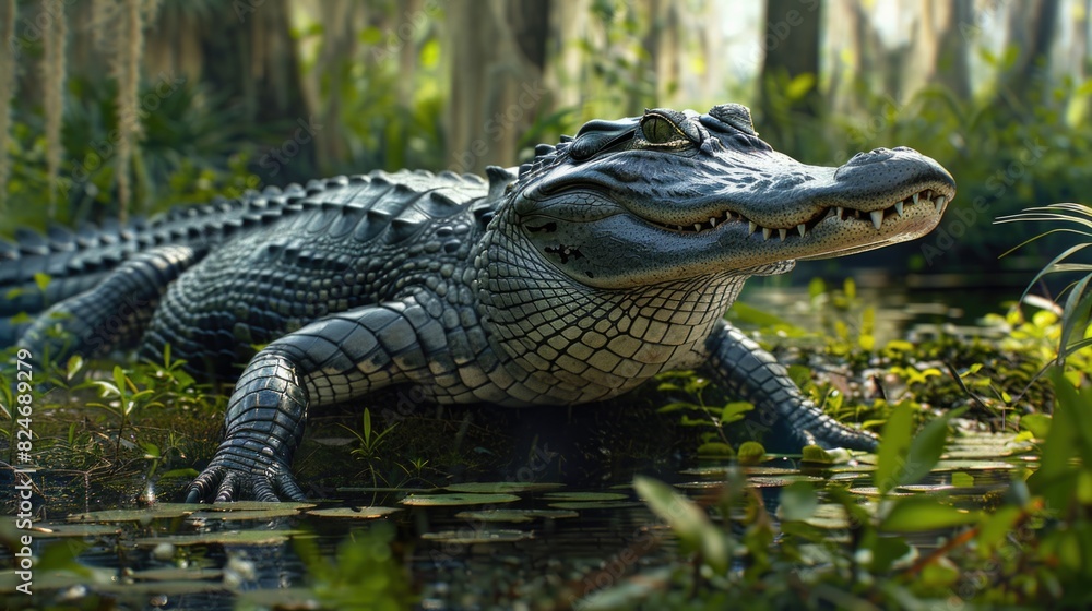 Poster a large alligator sitting in the middle of a swamp. suitable for nature and wildlife themes