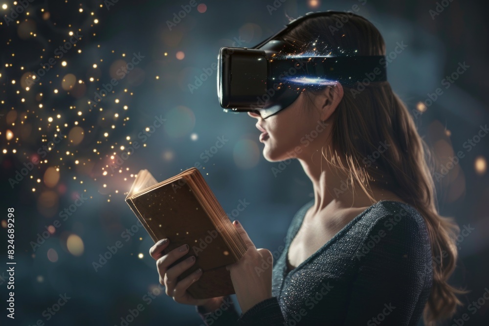 Aufkleber woman immersed in virtual reality while reading a book. suitable for technology or education concept