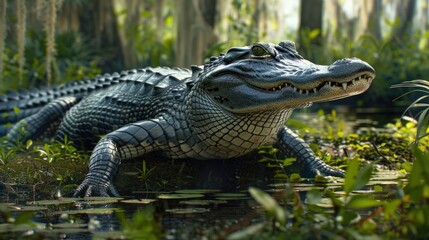 Obraz premium A large alligator sitting in the middle of a swamp. Suitable for nature and wildlife themes