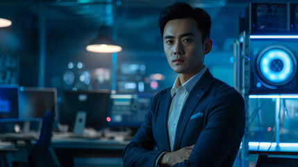 Fototapeta premium Futuristic concept featuring an Asian model with striking resemblance to a handsome businessman, surrounded by modern office equipment and innovative technology â€”ar 16:9 â€”style raw