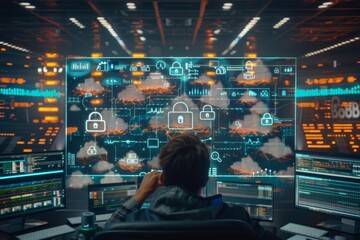 Futuristic cloud security with padlock and data circuits, representing advanced cybersecurity measures and secure digital connections in a modern tech environment