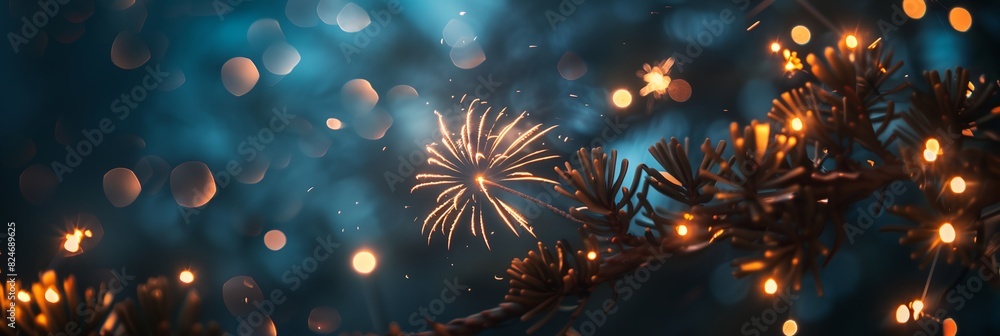 Poster pine branch with a firework in the background and some lights
