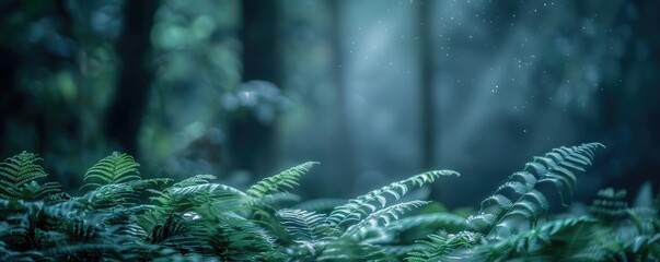 Mystical forest scene with lush ferns in the foreground and misty trees in the background, creating a serene and enchanting atmosphere.