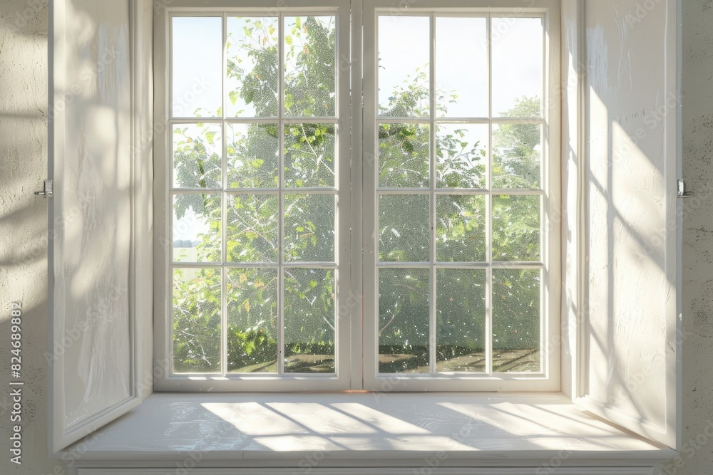 Aufkleber window with view of tree outside, suitable for interior design projects