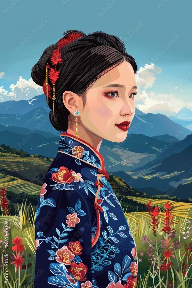 Poster a painting of a woman standing in a field of flowers. suitable for various design projects