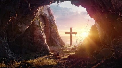 Tomb Empty With Crucifixion At Sunrise. Resurrection Of Jesus Christ