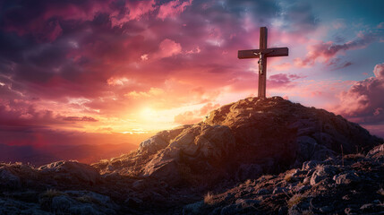 Tomb Empty With Crucifixion At Sunrise. Resurrection Of Jesus Christ