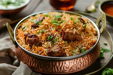 Spicy Biryani rice food. Spicy meat food. Generate Ai