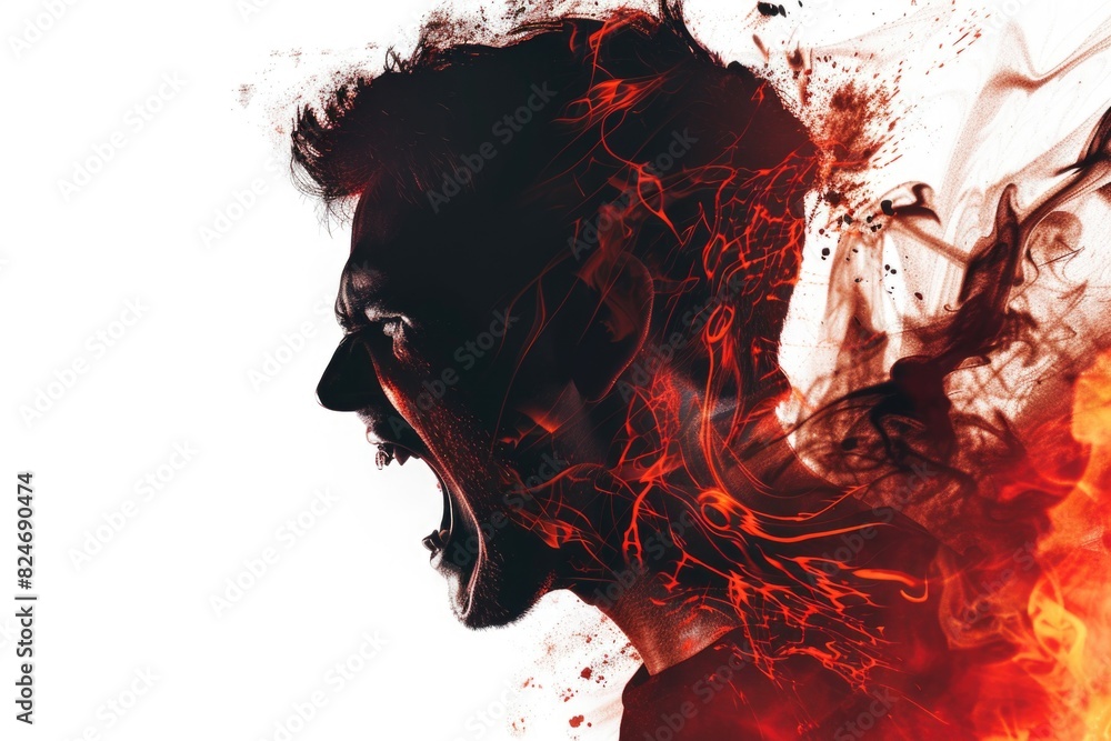 Poster a man with his mouth open in front of a fire. suitable for various concepts and designs