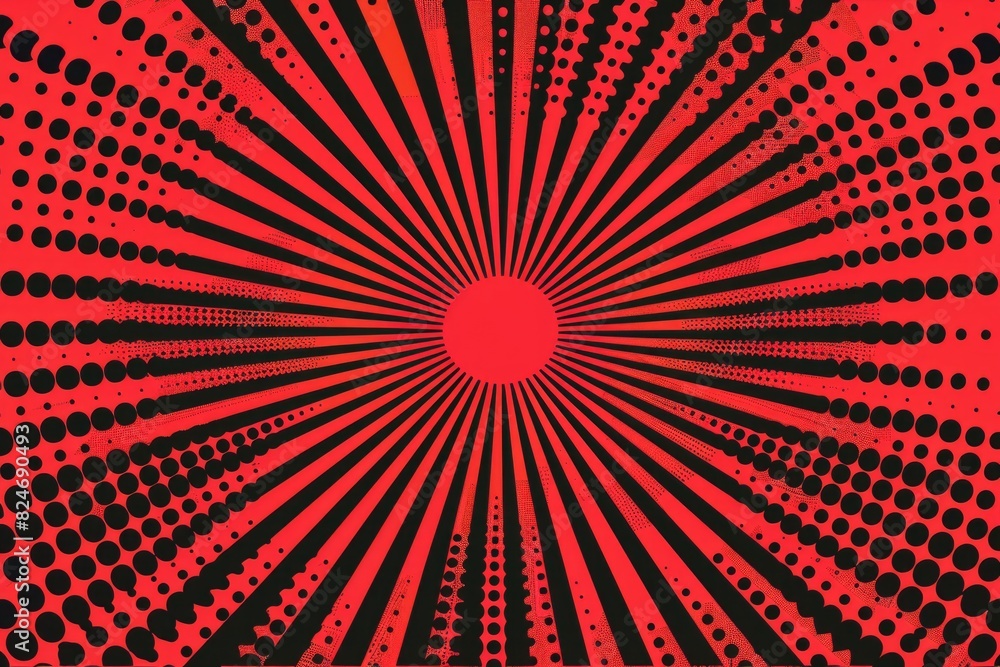 Poster abstract red background with black dots and sunburst, perfect for graphic design projects