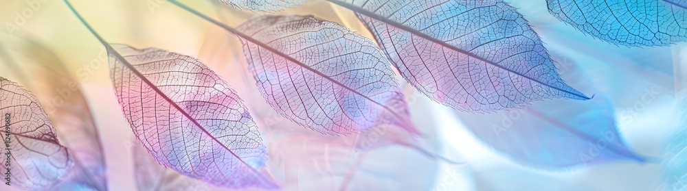 Poster a closeup of transparent leaf veins, each showing unique patterns and textures, with soft pastel col