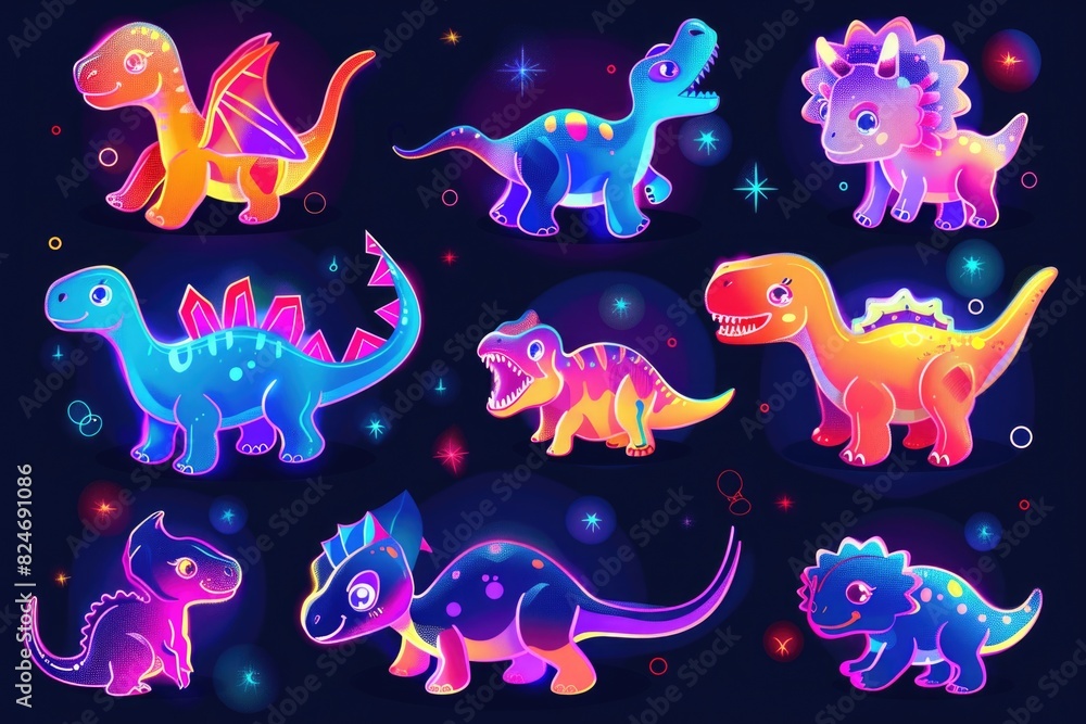 Poster a collection of neon dinosaurs in various positions. suitable for educational or fun design projects