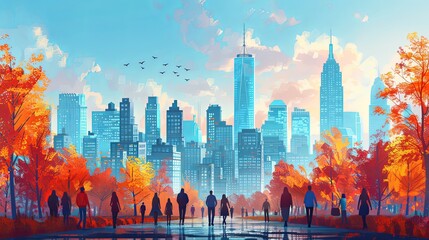 Urban lifestyle scene. Man and women in casual clothes walk in modern city. Colorful buildings and skyscrapers. Pedestrian and citizens in sunny day. Cartoon flat vector illustration