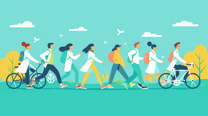 Fototapeta premium Group of People Walking and Riding Bicycles