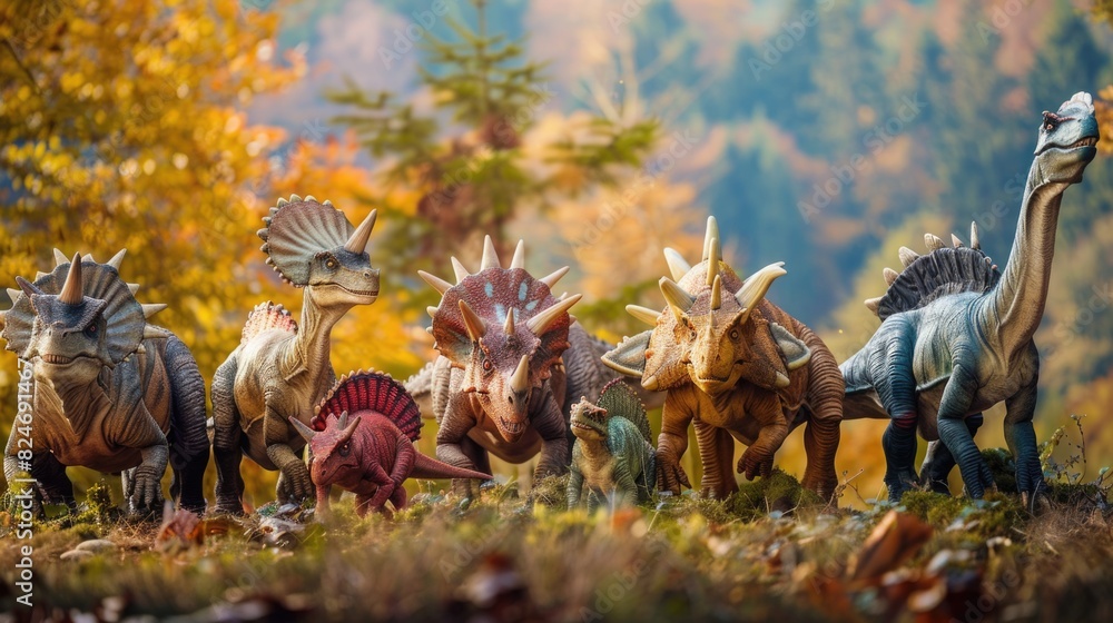 Poster Toy dinosaurs displayed in a field, suitable for educational projects