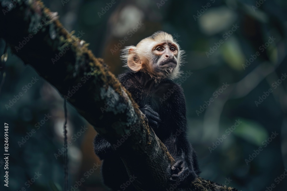 Poster a monkey perched on a high tree branch, suitable for nature and wildlife concepts
