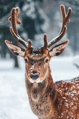 A close-up photo of a deer standing in the snow. Perfect for winter-themed designs