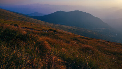 Amazing sunset in Ukrainian Carpathian mountains , Chornigysrsyi hrebet range