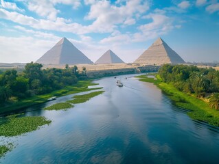 A tranquil river flows through lush greenery with the iconic pyramids in the background under a bright sky.