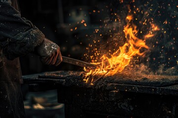 A man blacksmithing a piece of metal with a hammer. Suitable for industrial and craftsmanship themes