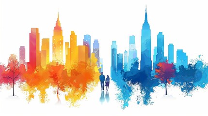 Fototapeta premium Urban lifestyle scene. Man and women in casual clothes walk in modern city. Colorful buildings and skyscrapers. Pedestrian and citizens in sunny day. Cartoon flat vector illustration