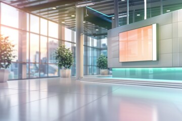 A simple image of an empty lobby with large windows and a television screen. Suitable for various business or office concepts