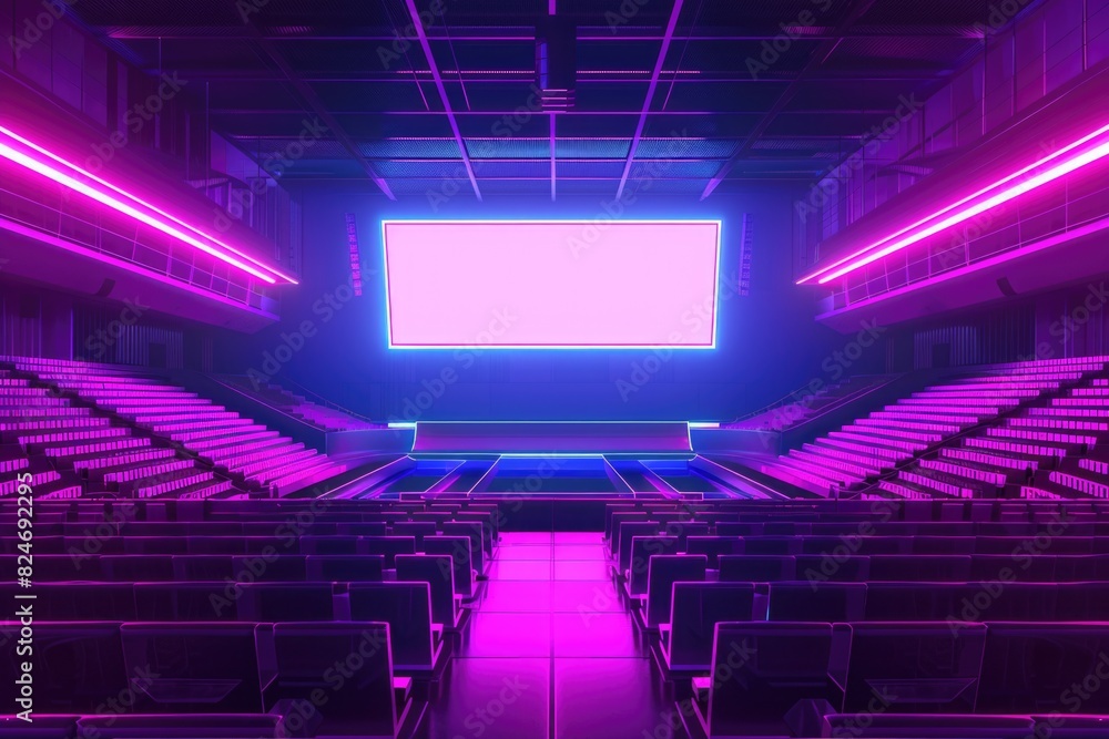 Poster Rows of empty seats in a theater with a large screen. Suitable for entertainment industry concepts