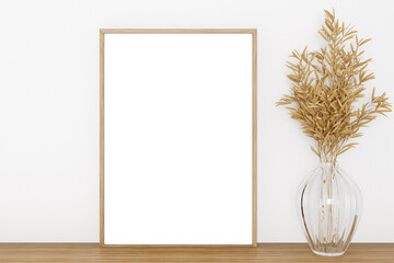 Frame mockup minimalist and glass vase with flovers, 3d render