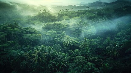 Lush green tropical rainforest with misty atmosphere, dense foliage, exotic plants, and serene natural beauty, captured during early morning light.