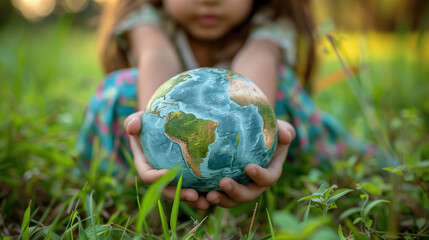 Young Girl Holding a Small Globe in a Grassy Field Celebrating Earth Day