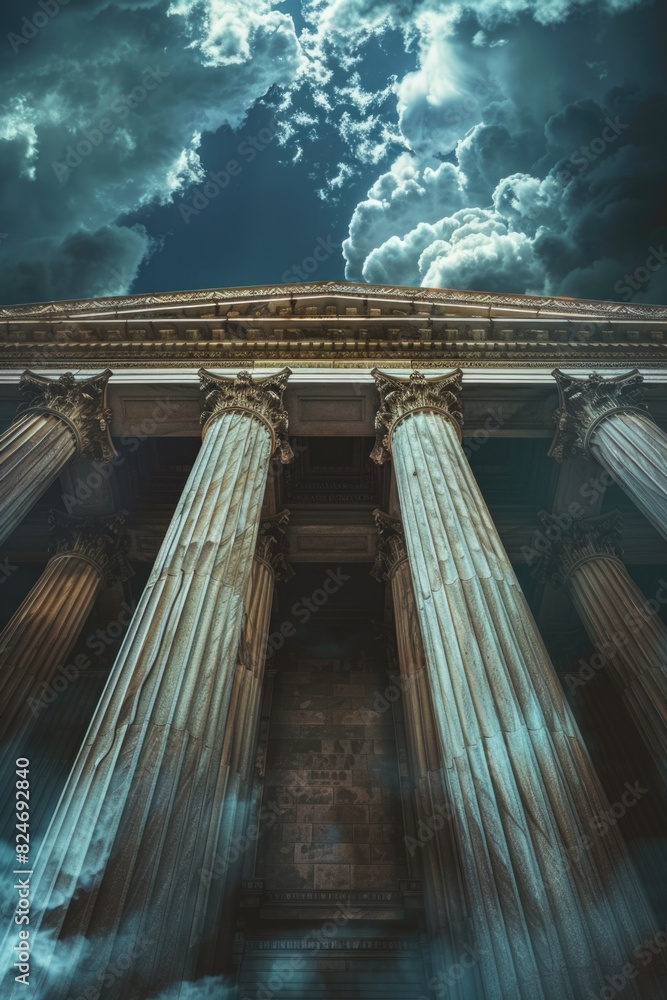 Poster architectural structure with columns against a clear sky, suitable for real estate or travel concept