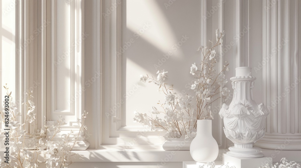 Poster a simple white vase on a table next to a window, suitable for home decor