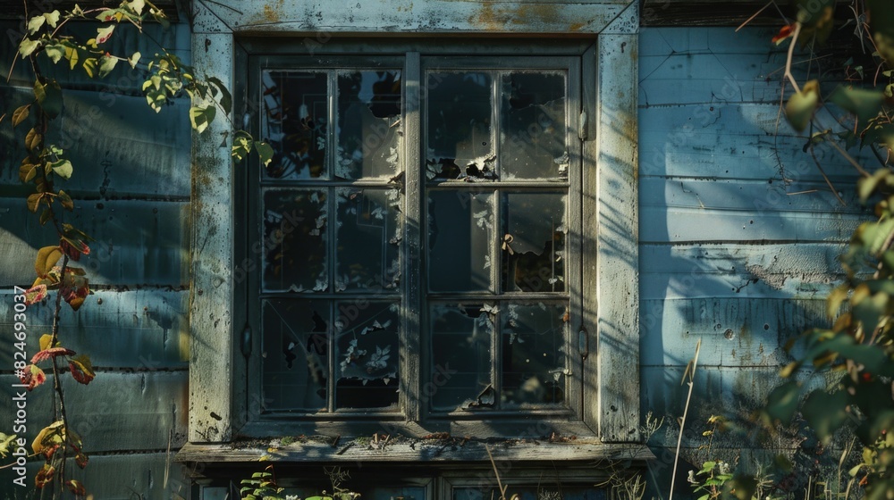 Poster an old window with a broken glass pane. suitable for architectural or vintage themes