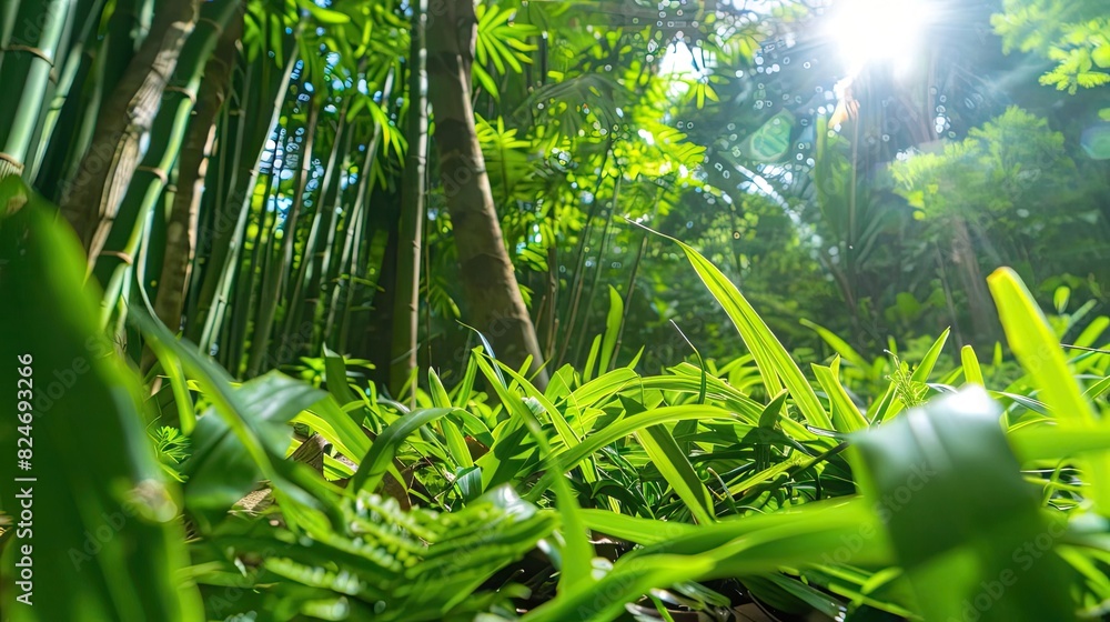 Poster lush green forest with sunlight filtering through tall trees and dense foliage, creating a serene an