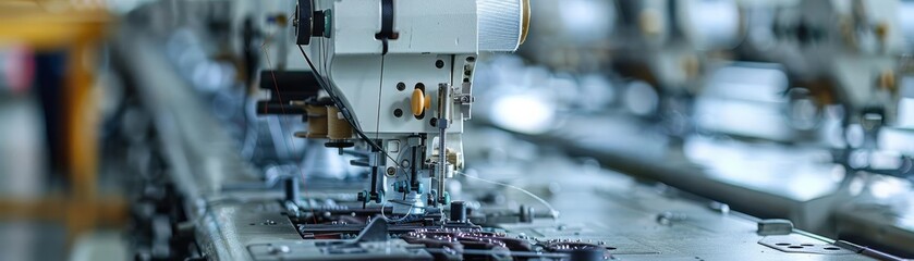 Atmospheric shot of multiple sewing machines at a textile plant, with focus on the details of machinery and fabric production in a bustling industrial setting