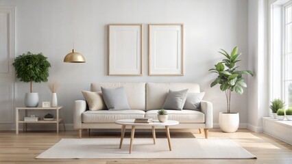 Fototapeta premium Clean White Frame on Scandinavian Living Room Wall 