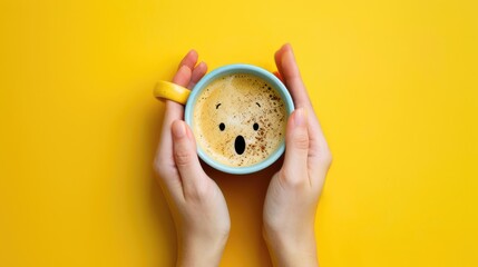 Closeup woman hands holding coffee cup with emotion face drawn on coffee, top view angle on isolated yellow background