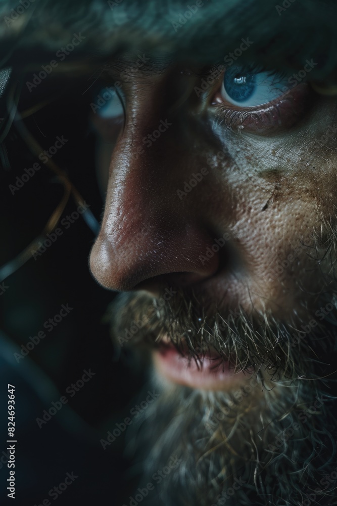 Poster a detailed shot of a man with a beard. suitable for various projects