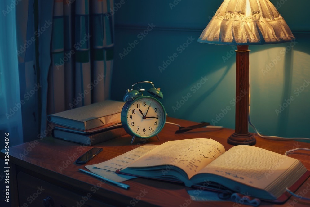 Aufkleber an open book sitting on a wooden table next to a lamp. suitable for educational and reading material