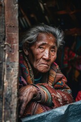 Obraz premium An old woman sitting in a doorway, suitable for various concepts