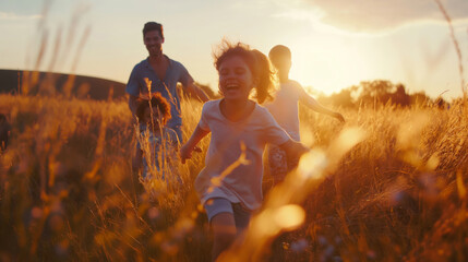 Happy family running in the field at sunset, laughing and playing together. Cinematic scene with natural light of a sunny day near sunset in the summer. Soft colors with a blurred background.