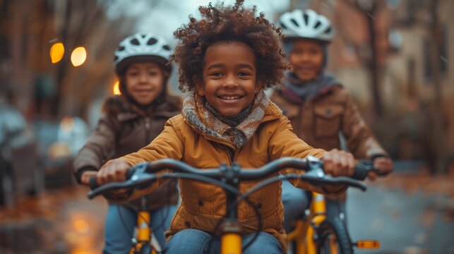 Happy Lesbian Family Teaching Children to Ride Bikes in a Sunny Park Setting