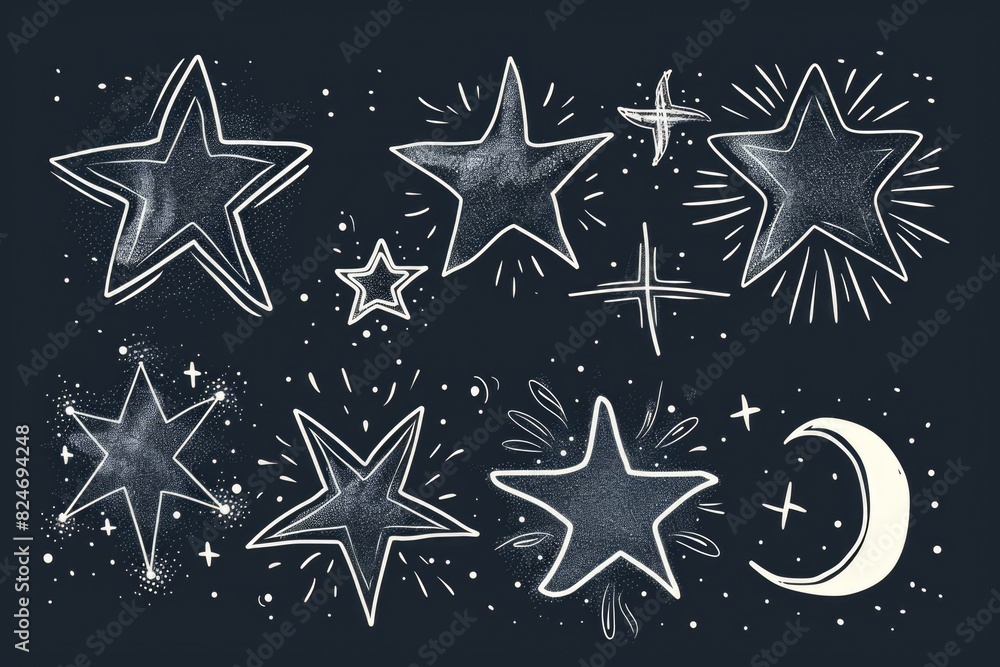 Poster Drawing of stars and a crescent on a black background. Suitable for various design projects