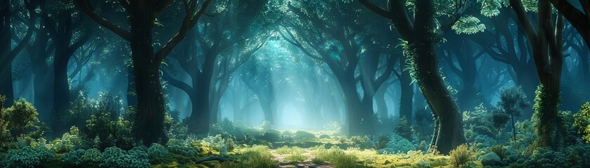 Empty space dream enchanted forest flat design front view magical realm theme 3D render vivid