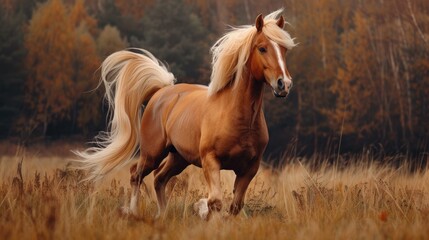 A majestic brown horse galloping through a field of tall grass. Ideal for nature and animal themes
