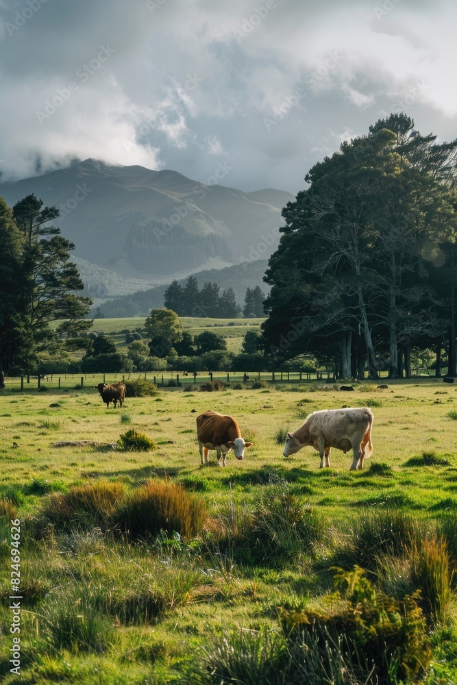 Poster a herd of cattle grazing on a lush green field. suitable for agriculture and farming concepts