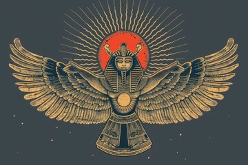 An Egyptian winged bird with a sun in the background. Suitable for historical and cultural designs