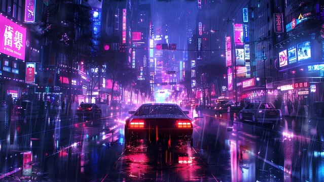 Fototapeta Classic car drives through city bathed in pink neon lights art digital. Futuristic nostalgic atmosphere wallpaper scene artwork. Science fiction concept background image horizontal